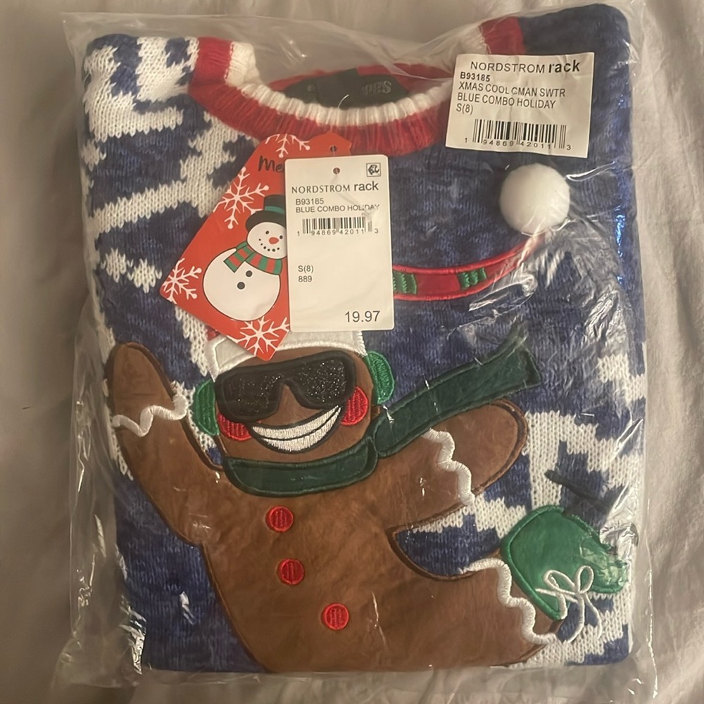 Nordstrom Rack ugly Xmas sweater with gingerbread man